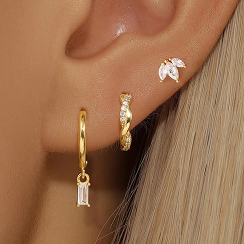 3PCS Crystal Flower Tragus Stud Earring Set Women Fashion Square Huggie Hoop Earring Bulk Cartilage Helix Jeweley Lobe Piercing