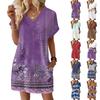 Damenmode Druck V-Ausschnitt Kurzarm Tasche Lässiges Pulloverkleid