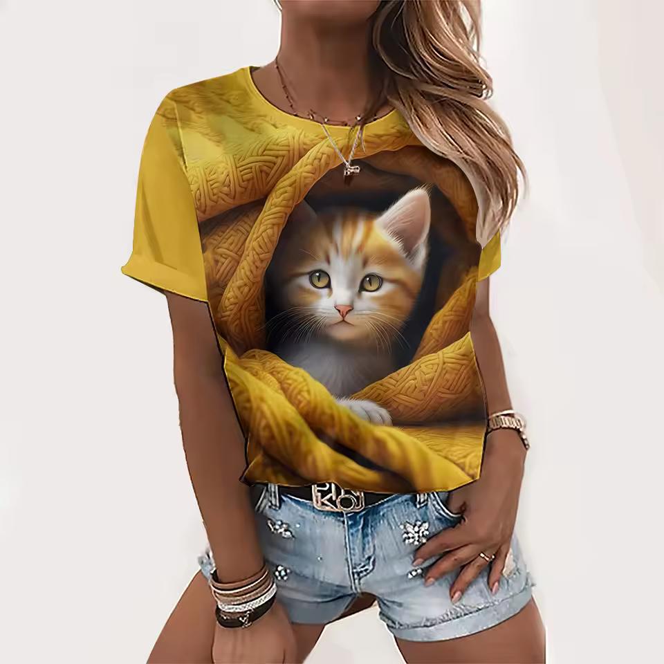 Women's Round Neck T-shirt Summer Casual Fashion Short-sleeved Top 3D Cat Print Animal Pattern Large Size Women's Clothing