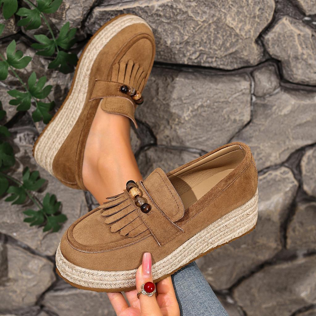 Scarpe Loafer Donna Autunno Decorazione con Perline Colorate Stile Bohemia Comfort Zeppa in Canapa Scarpe con Tasselli Moda Scamosciate Slip-On
