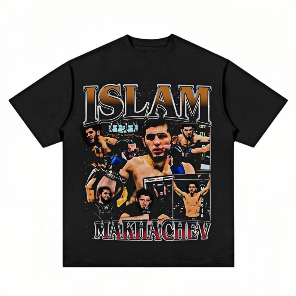 T-shirt Grafica Islam Makhachev 2026 per Unisex Cotone Oversize Streetwear Vestibilità Audace Girocollo Retro Merchandising per Fan Maglietta Casual Quotidiana