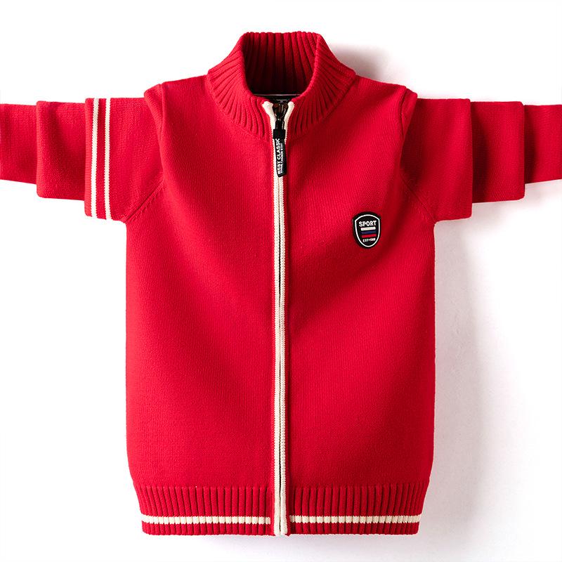 Boys' & Girls' Zip-Up Baseball Jacket, Fleece-Lined Knitted Cardigan for Kids, Spring/Autumn Style