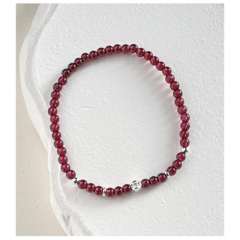 Sterling Coin Garnet Beaded Bracelet Women Minimalist Boho Style Adjustable Handmade Jewelry B3036