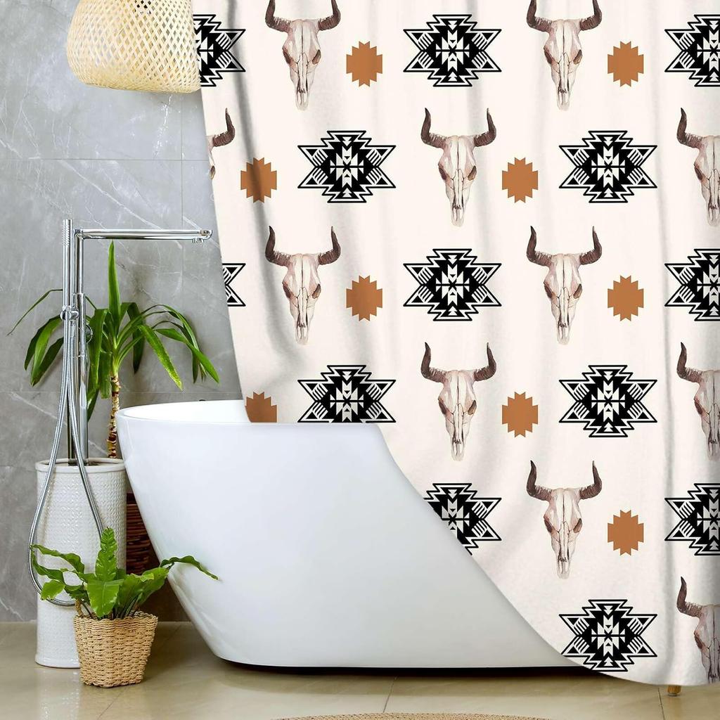 Western Bohemian Shower Curtain Tribal Bull Skull Geometric Beige Bathroom Decorative Shower Curtain with Hook