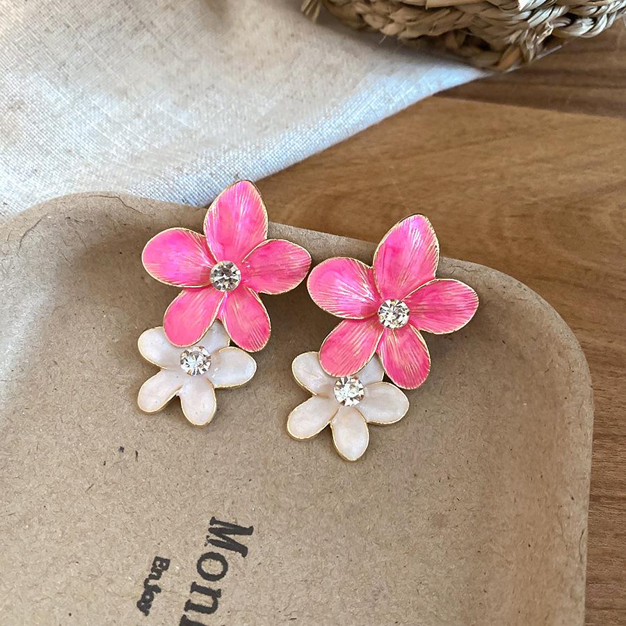 2026 New Arrival Double Color Enamel Flower Rhinestones Hanging Dangle Earrings for Women Statement Beach Holiday Jewelry