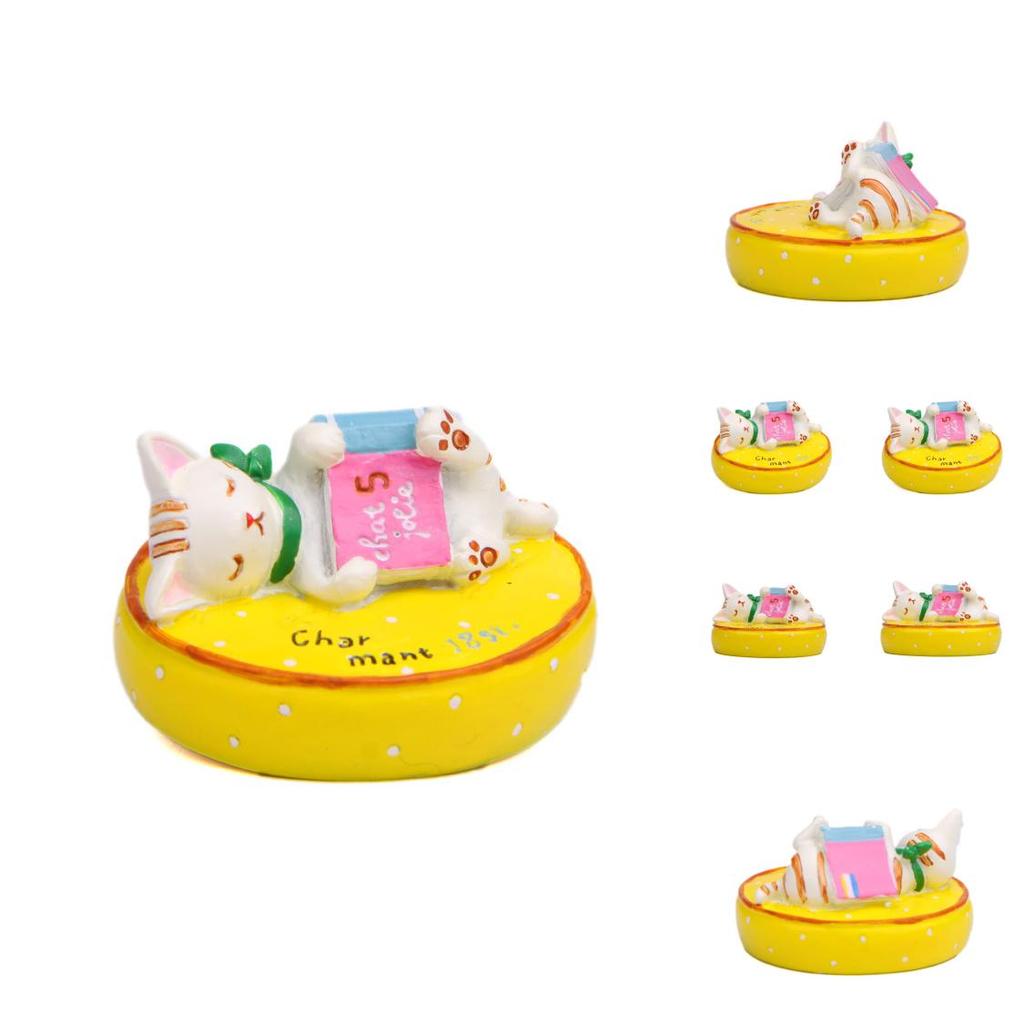 Cat Lying On A Cushion Reading A Book Resin Figurine For Indoor Decoration And Photography Props