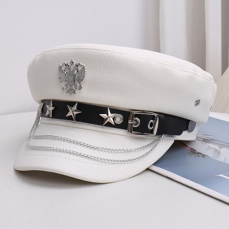 Punk Stil Flache Kappe Herren und Damen Persönlichkeit Leder Lange Nieten Leopardenmuster Silberne Kappe