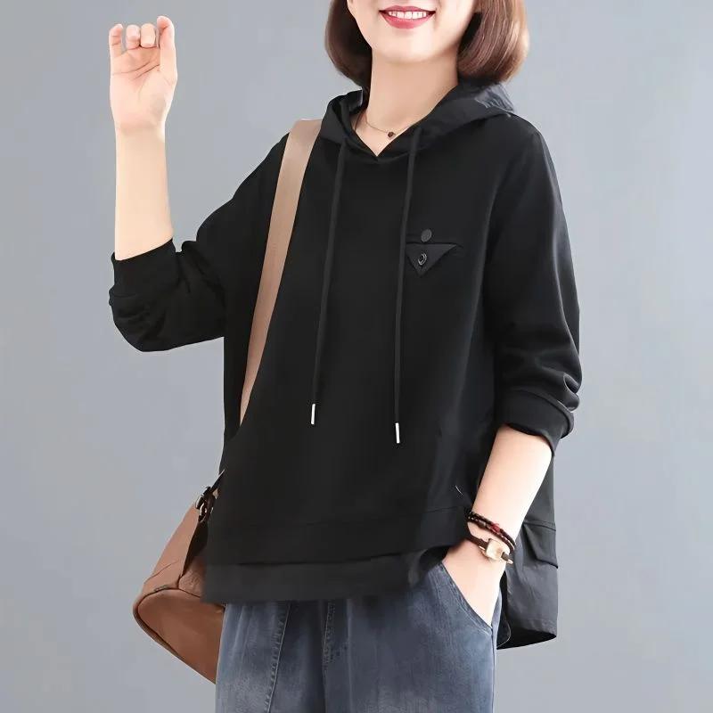 Pure Cotton Long-sleeved Sweatshirt for Women 2025 New Autumn Korean Loose Splicing Temperament Hooded Pullover Top