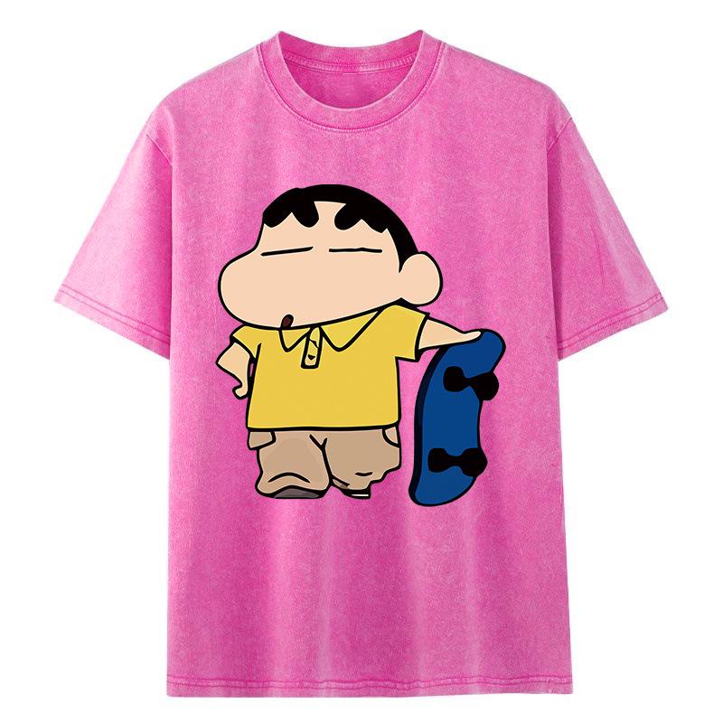 

Unisex Crayon Shin-chan Vintage Short-Sleeve T-shirt, Loose Fit, Trendy American Heavyweight Round Neck Summer Top Large рожевий червоний колір
