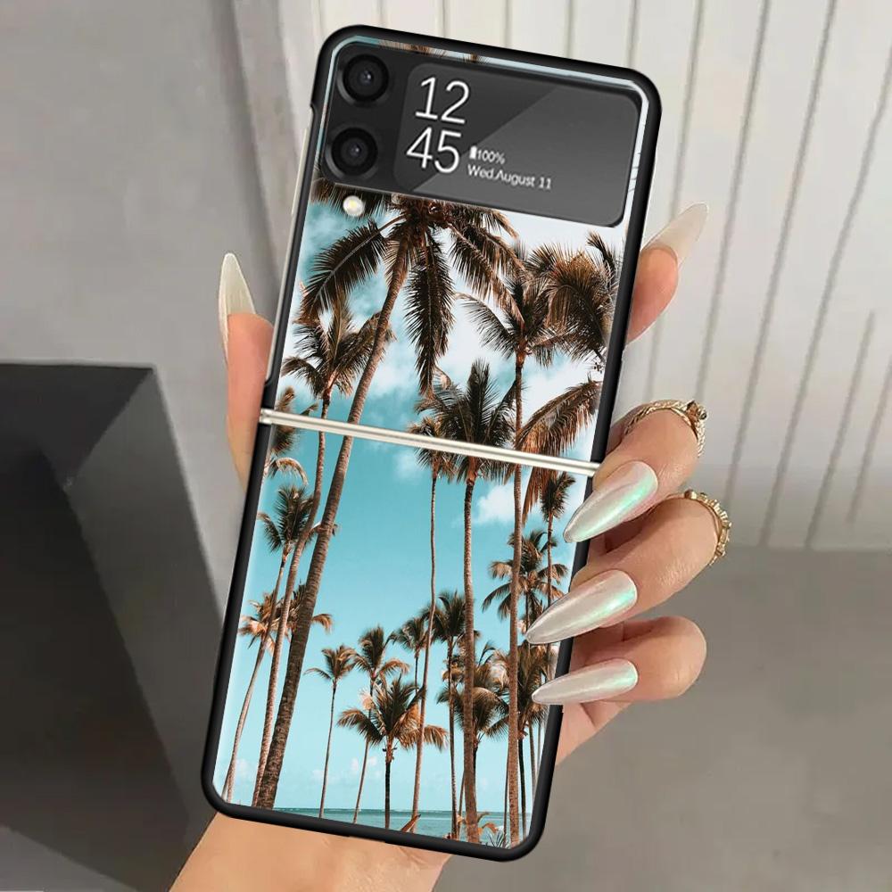 Sommer Strand Sonnenuntergang Meer Palme Harte PC Handyhülle Für Samsung Galaxy Z Flip 6 5 4 3 Schwarze Hülle ZFlip6 Flip5 Flip4 5G Faltbar