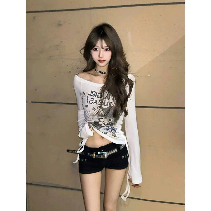 Y2k Aesthetics Vintage White Cat Print Tops Harajuku Slim Fit T-shirt Drawstring Streetwear Grunge Casual Tee Shirt