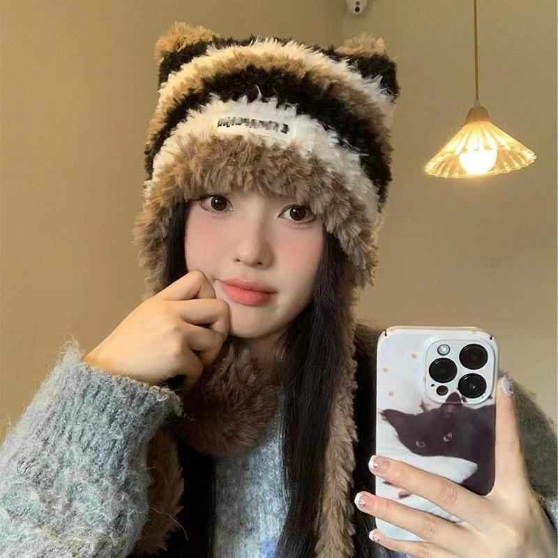 Striped knitted cute plush can be used as a bag hat versatile ear protection warm autumn and winter color matching new models