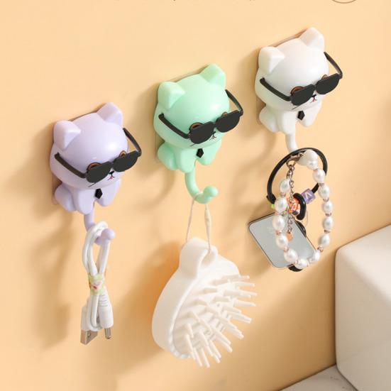 Sunglasses Cat Key Holder for Wall No Drill Adhesive Hook for Keys Hats Coats Towels Cartoon Cat Wall Organizer for Entryway Kitchen Bathroom