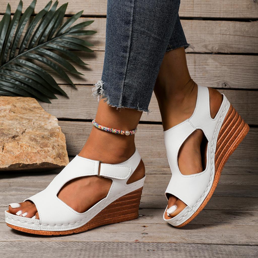 Summer Large-sized Sandals Women's Bikes Stitched Shoes Breathable Velcro Hollowed-out Wedge Heel Sandals