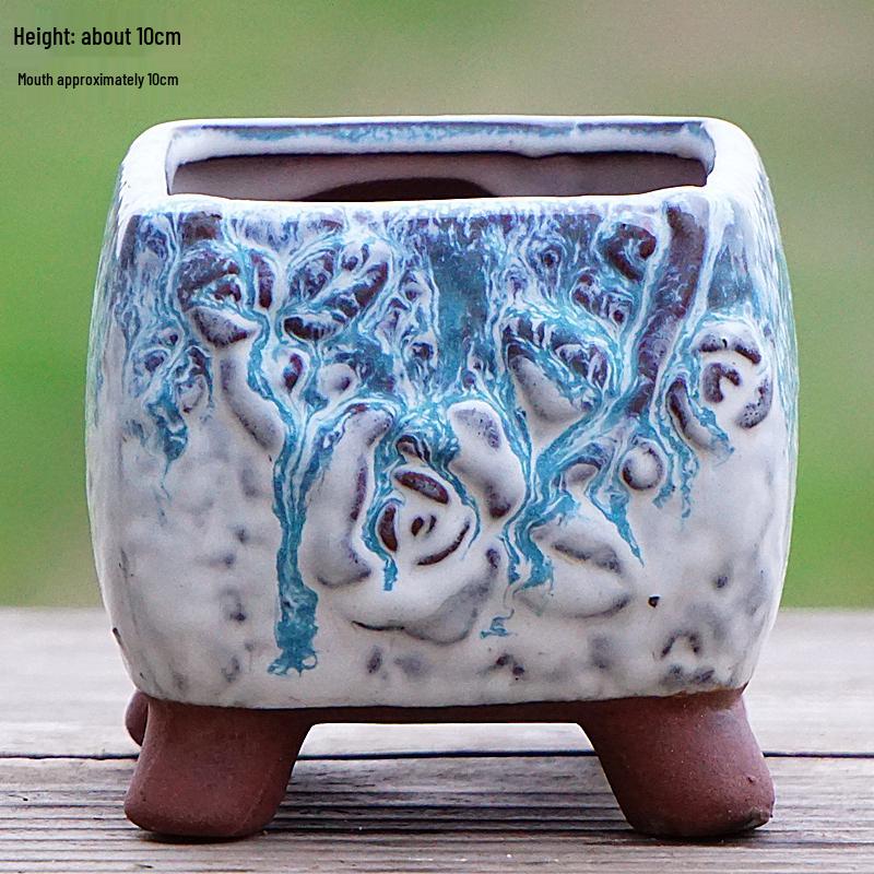 Creative Handmade Coarse Pottery Terracotta Pot - Large Square Glossy Glazed Planter with Low Breathable Rim for Succulents and Pothos