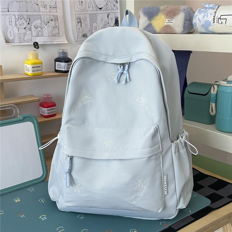 Cute Butterfly Embroidered School Backpack with Front Pocket Casual Daypack for Girls Daily Use