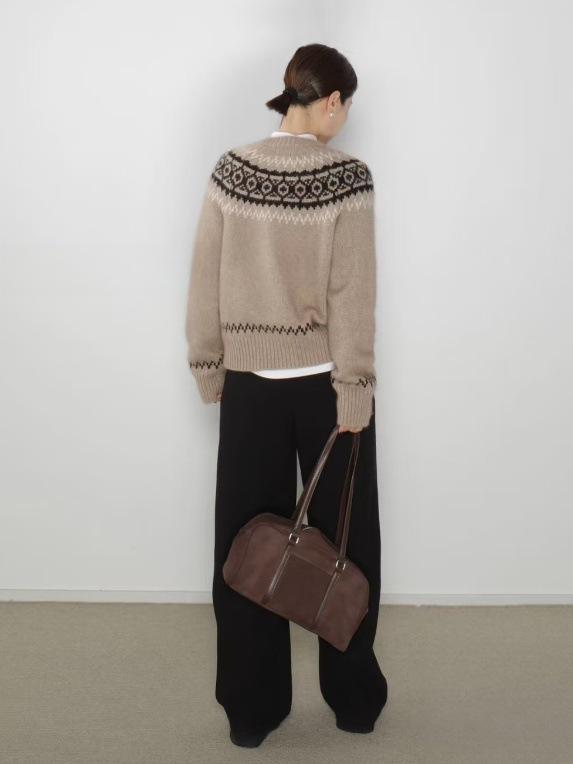 Women's Fair Isle Retro Cashmere Cardigan: Round Neck, Jacquard Sweater Coat, Loose Knit Top