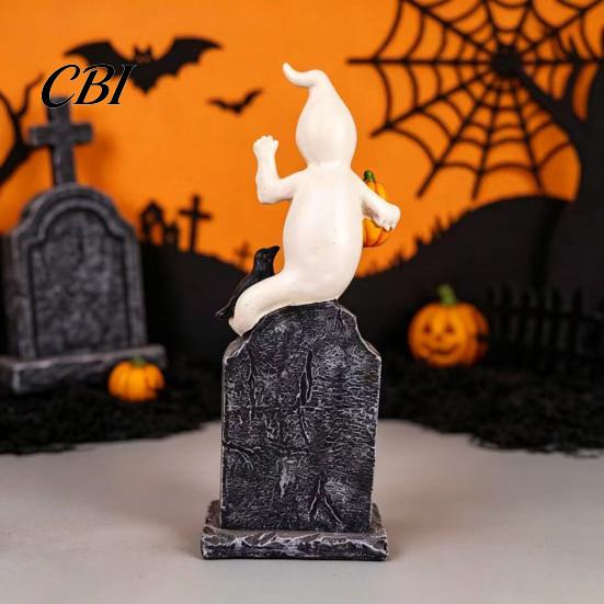 Miniature Resin Tombstones Halloween Tombstone Figurine, Ghost Pumpkin Crow on Creative Gifts Statue for Desktop Haunted House Holiday Party