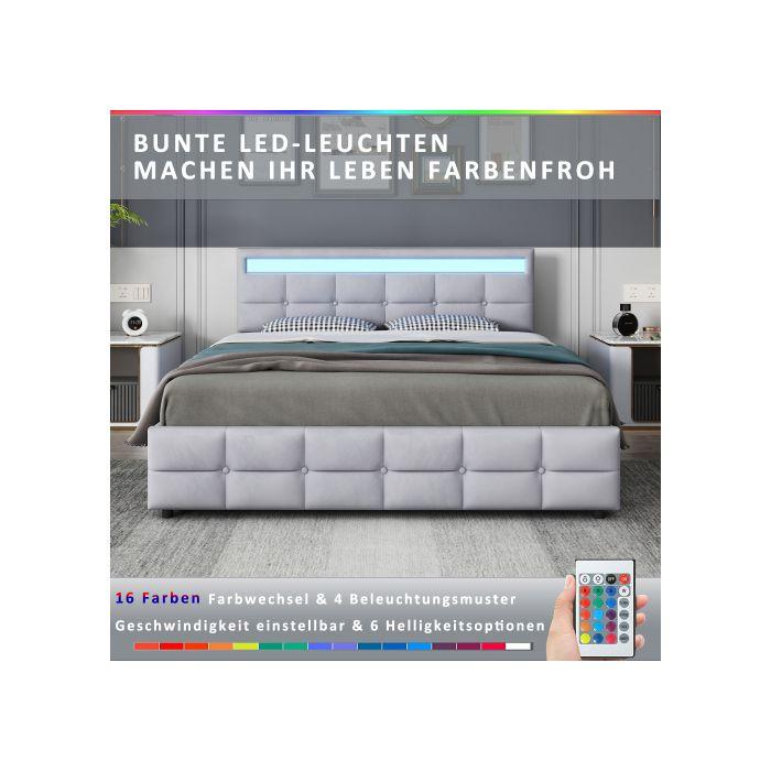Lit double - MUVOE - 180 x 200 cm - Cadre de lit LED - 4 tiroirs - Gris moderne