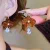 Vintage Double Layer Acrylic Brown Flower Earrings for Women Delicate Cute Zircon Pendant Earrings Wedding Party Jewelry Gifts