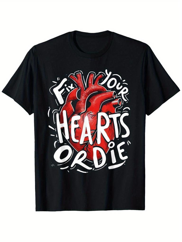 Fix Your Hearts Or Die Graphic Tee Bold Red Heart Print Casual Cotton T-Shirt Daily Wear