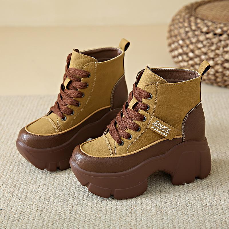 Short boots women's 2025 autumn fashion round head platform lace-up sports style casual shoes wedge heel fashion single shoes