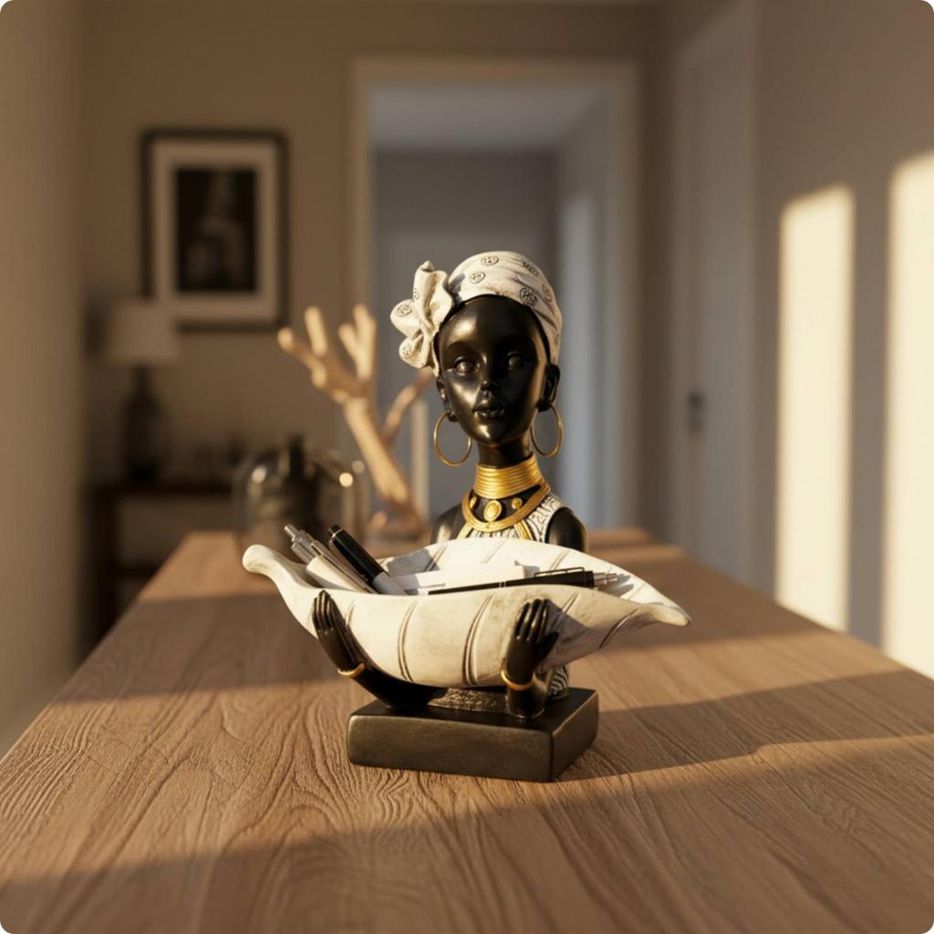 Decorative African Woman Figurine with Basket Multipurpose