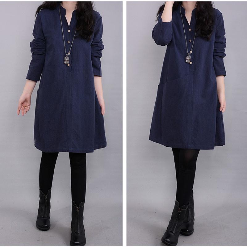 Timeless Vintage Women Long Sleeve Pullover V Neck Tunic Dress For Casual Elegance