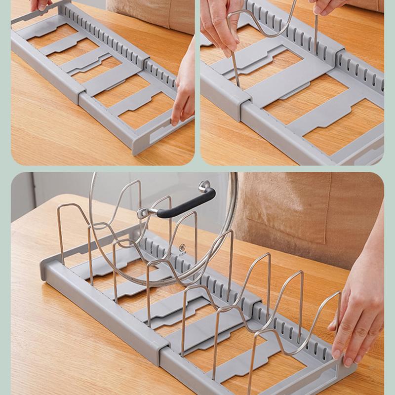 Skalierbarer Pfannenhalter, verstellbarer Topfdeckel-Aufbewahrungsregalschrank, Küchengeschirr-Organizer, Topfdeckel, Schneidebretthalter, Pfannenregal