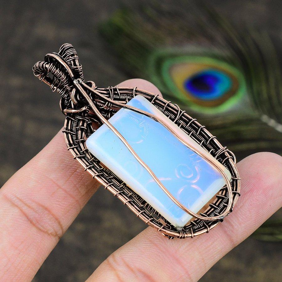 Mleczny Opal Ręcznie Robiony Miedziany Oplot Biżuteria Wisiorek 2,56 m5t85