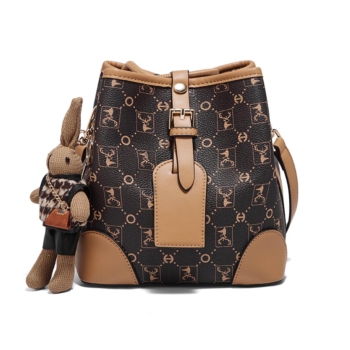 FOXER Women s Bucket Bag PVC Leather Female Shoulder Bag Vintage Crossbody Bag with Cute Rabbit Pendant Adjustable Strap Purse