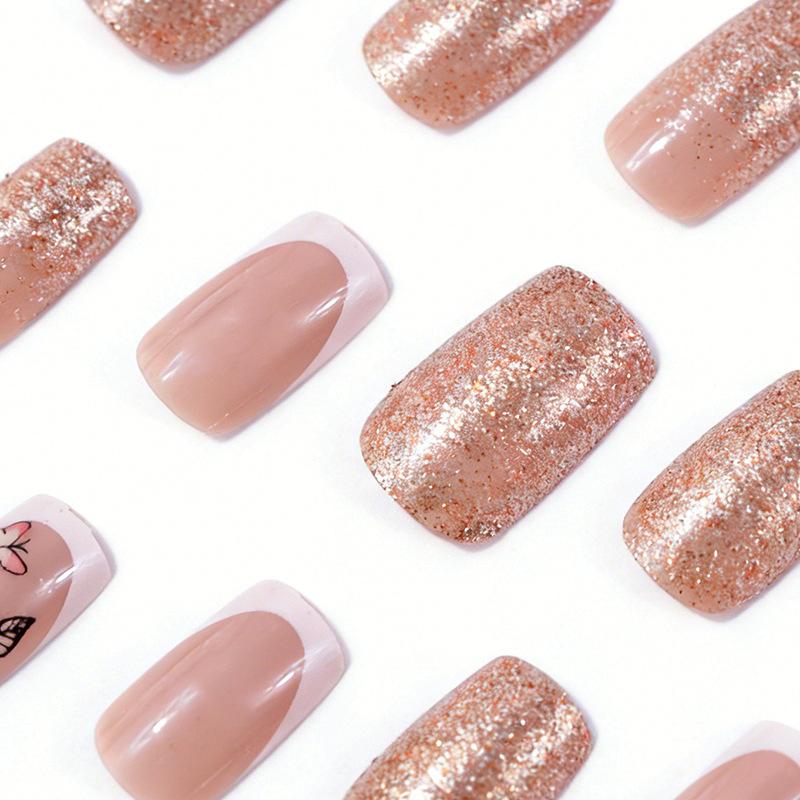 Medium rectangular glossy European and American 24 pieces of manicure, high-grade simple and elegant French butterfly glitter, wearing nail pads