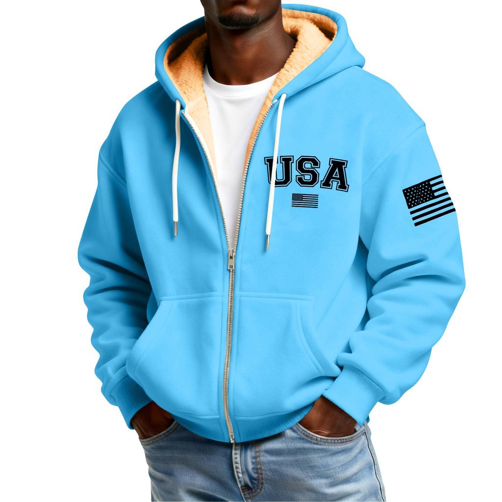 Men's Flag Print Fleece-Lined Zip-Up Pocket Hooded Sweatshirt Cardigan Men's Casual Sweatshirt Cardigan