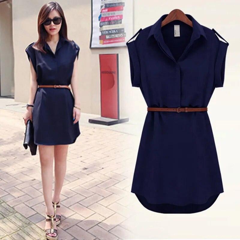 Abito da donna a-line in chiffon, moda casual, manica corta, abito OL con abiti a cintura