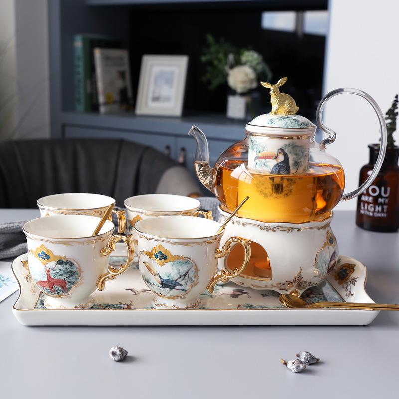 Household Flower Teapot Set Ceramic Afternoon Tea Flower And Fruit Teacup Tea Set Fruit Glass Pot With Filter Candle Heating