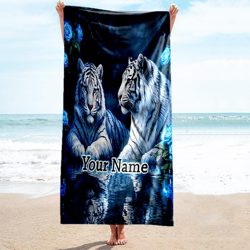 1PC Custom Name White Tigers Reflection Beach Towel Highly Absorbent And Sand-Resistant Towel for Swimming, Pool, Yoga, And Travel Lightweight