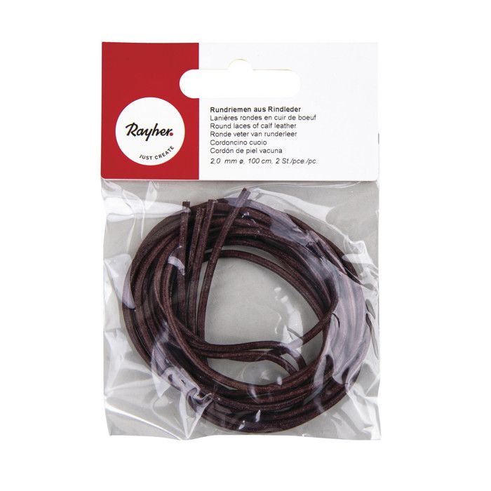 Accessoires de création - RAYHER - Lanières rondes en cuir - 2mm - Brun foncé - Lot de 2 pièces