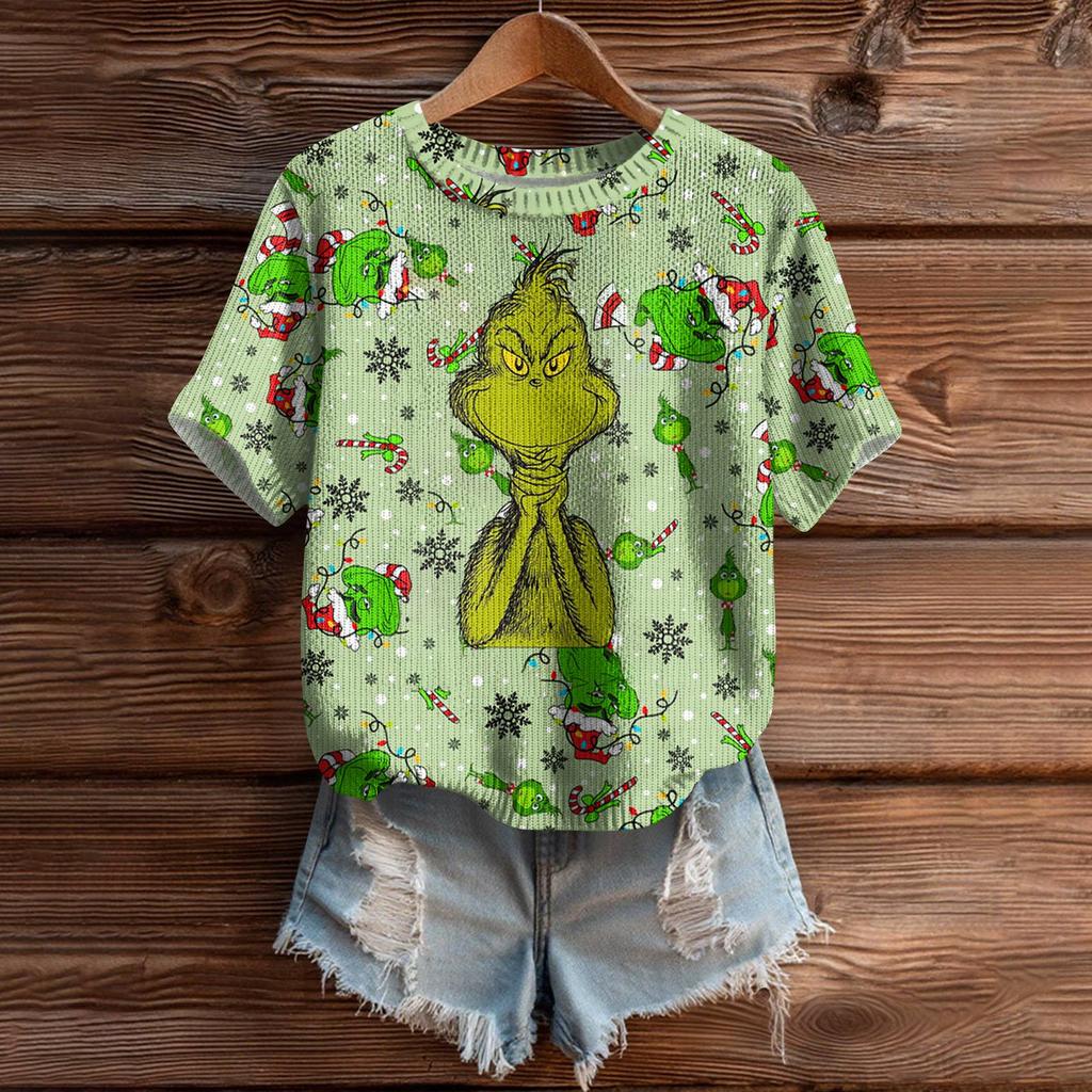 Women's Cute Sweater Knitted Fashion Casual Round-neck Short-sleeved  Cozy Print Top
