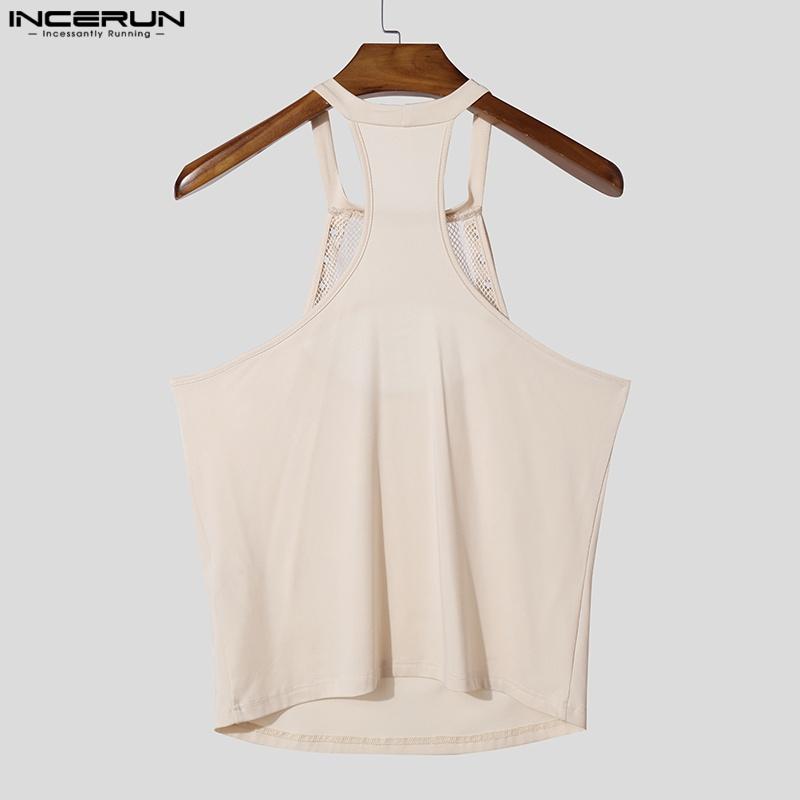 INCERUN Men Summer Strap Sleeveless Mesh Hollow Patchwork Cutout Fitted Tank Tops