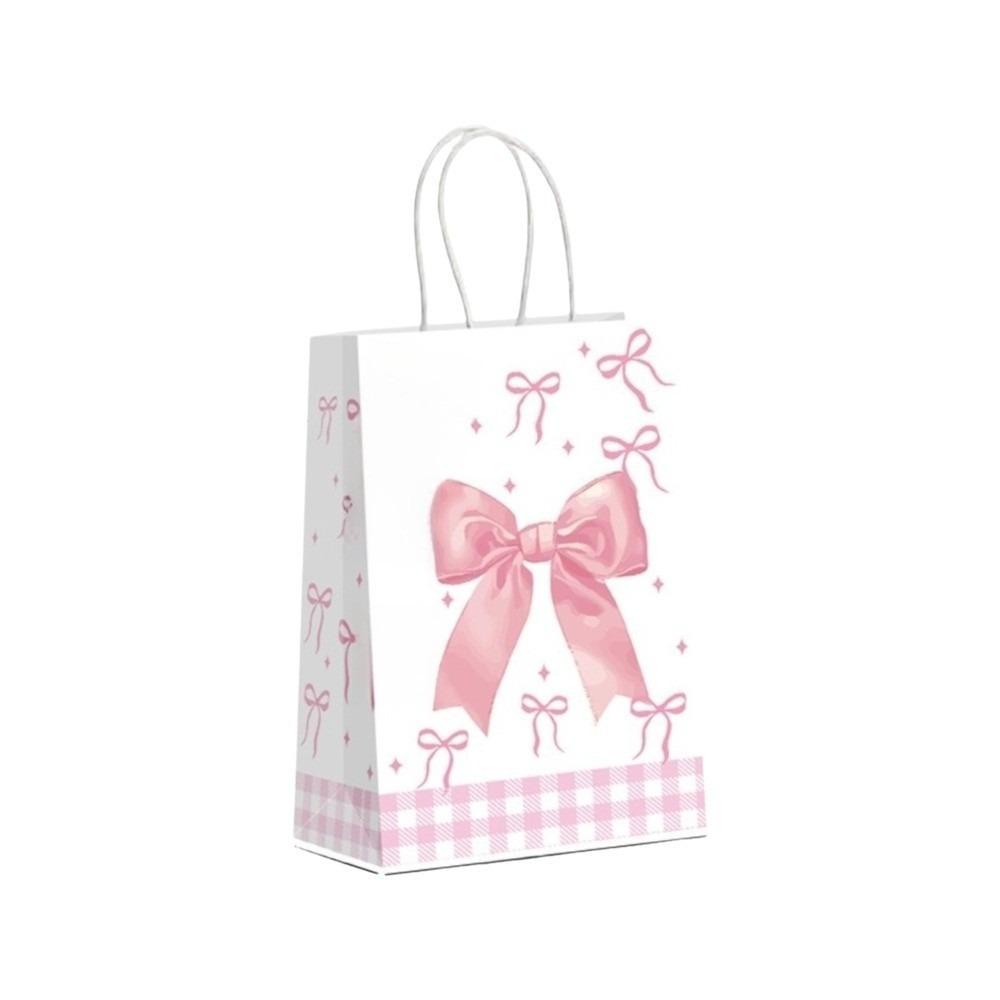 5PCS Sweet Pink Paper Gift Bags White Bow Handheld Design Pink Bow Theme Bow Themed Paper Material Candy Tote Bag Wedding Party