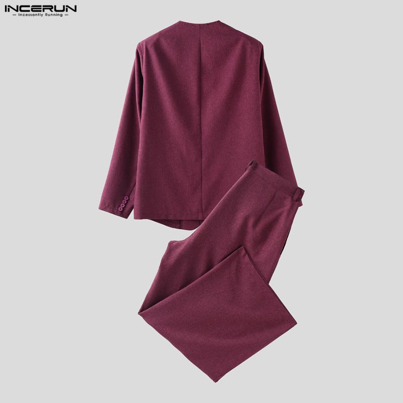 INCERUN Two Pieces Outfits Men Long Sleeve Thin Blazer Long Straight Pants Loose Sets