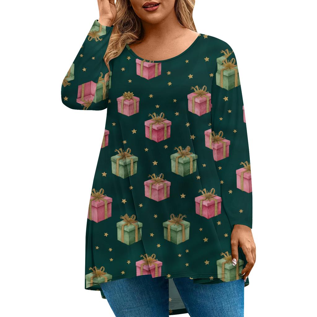 Women's Fashionable Casual Long Sleeved Plus Size Print Top Plus Size Floral Print Top