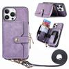 For iPhone 16 Pro Case Zipper Card Holder PU Leather Phone Back Cover with Long Strap