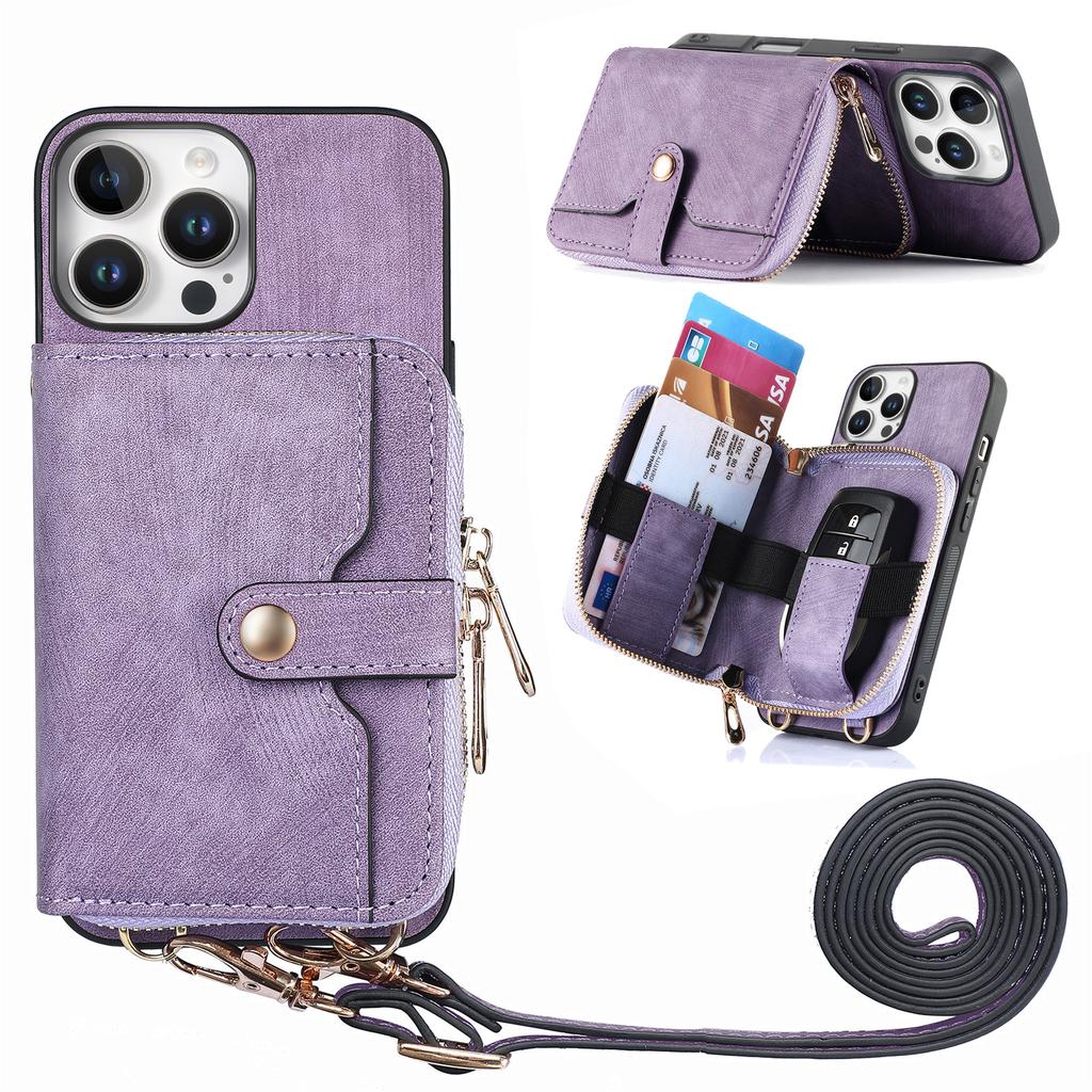 For iPhone 16 Pro Case Zipper Card Holder PU Leather Phone Back Cover with Long Strap