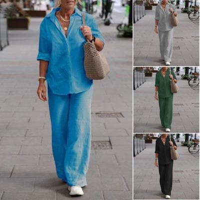 2 Teile/satz Frauen Hemd Hosen Set Einfarbig Lose Breite Bein Revers Langarm Casual Elastische Taille Dünne Weiche Atmungsaktive herbst Frühling Top Hosen Anzug