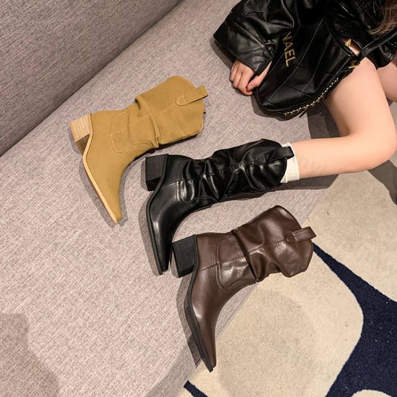 High Quality Women's Boots Autumn 2026 Fashion Pointed Mid-calf Chelsea Boot Pleated Leather Women Knee Boots Banquet Party