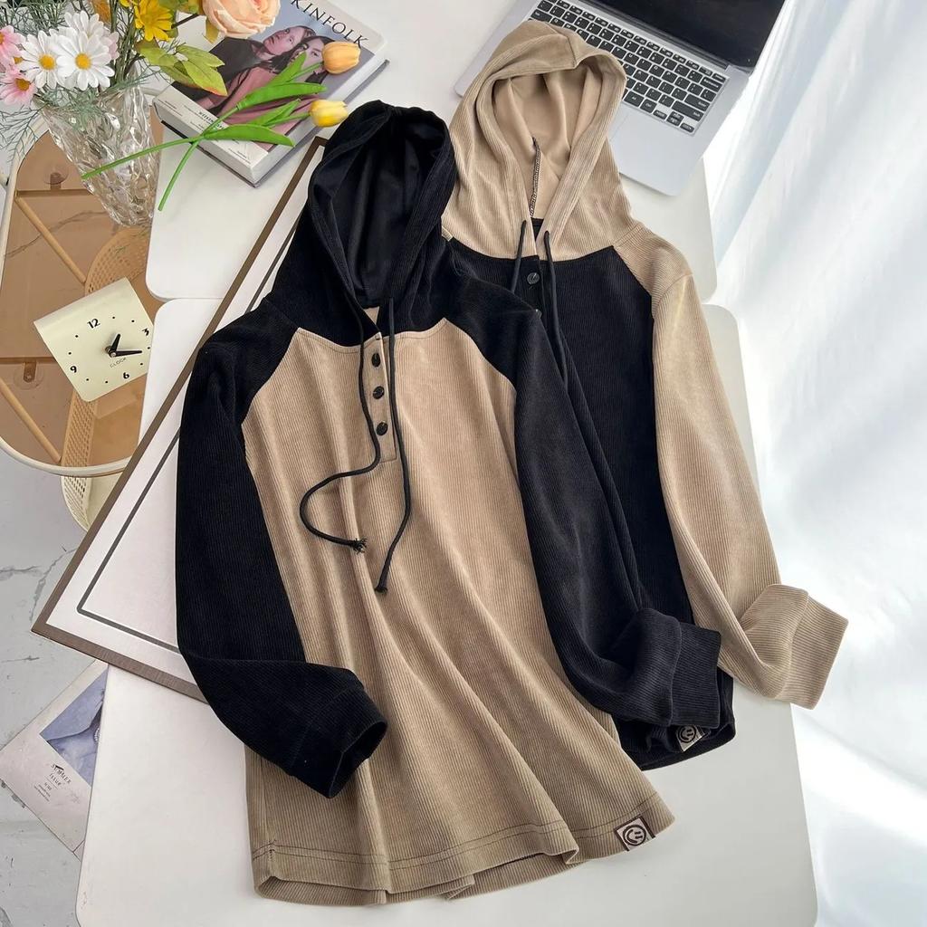 Dámský retro svetr s raglánovými rukávy a kapucí ve větších velikostech, jarní a podzimní spodní vrstva s topem s dlouhým rukávem a bundou