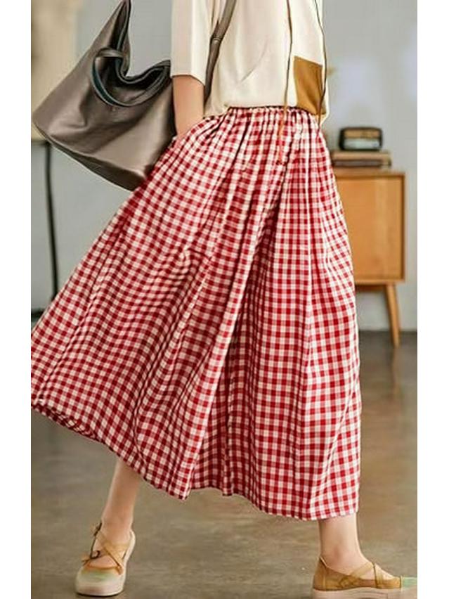 2024 Autumn Plus Size Plaid Cotton Linen Wide-Leg Skirt Pants - Elegant and Casual
