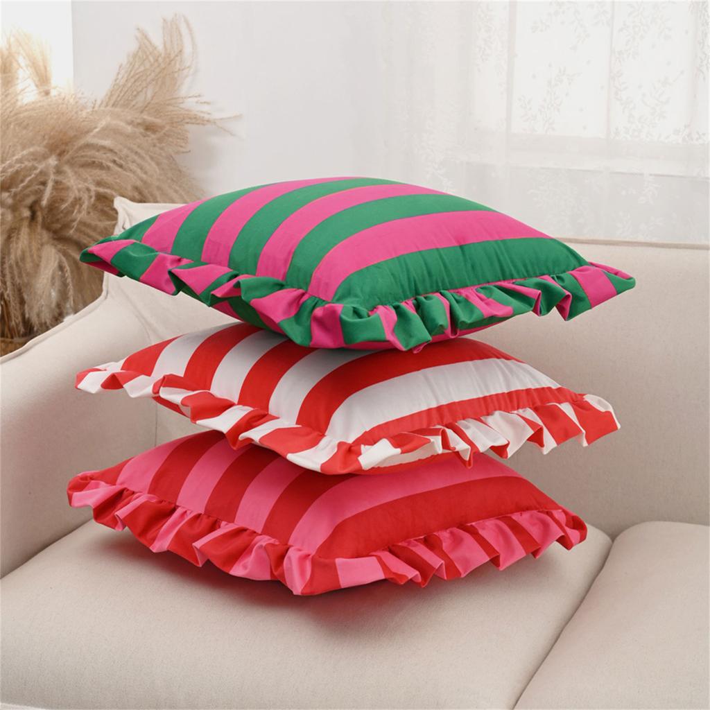 Decorative Ruffled Edge Cushion Case Soft Polyester Fabric Striped Pattern Home Accent Square Throw Pillow Cover