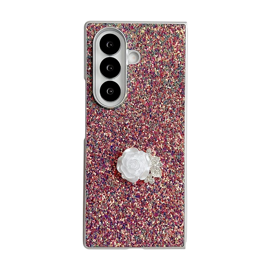 Phantom Glitter Pink White Rose Mobile Phone Case Is Suitable for Samsung Z FOLD7/6/5th Generation Folding Protective Case, Luxury and Anti-drop.